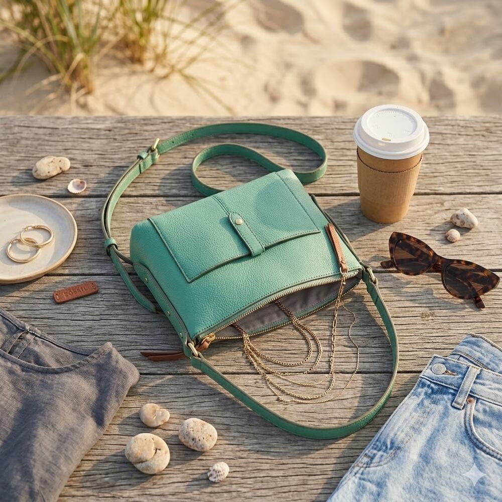 Fossil Heritage Green Pebbled Leather Crossbody Bag Travel Lightweight - Picture 10 of 11